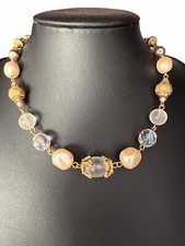 Liz Claiborne LC Choker Neckace Faux Pearl Clear Lucite Bead Rhinestone Gold A1