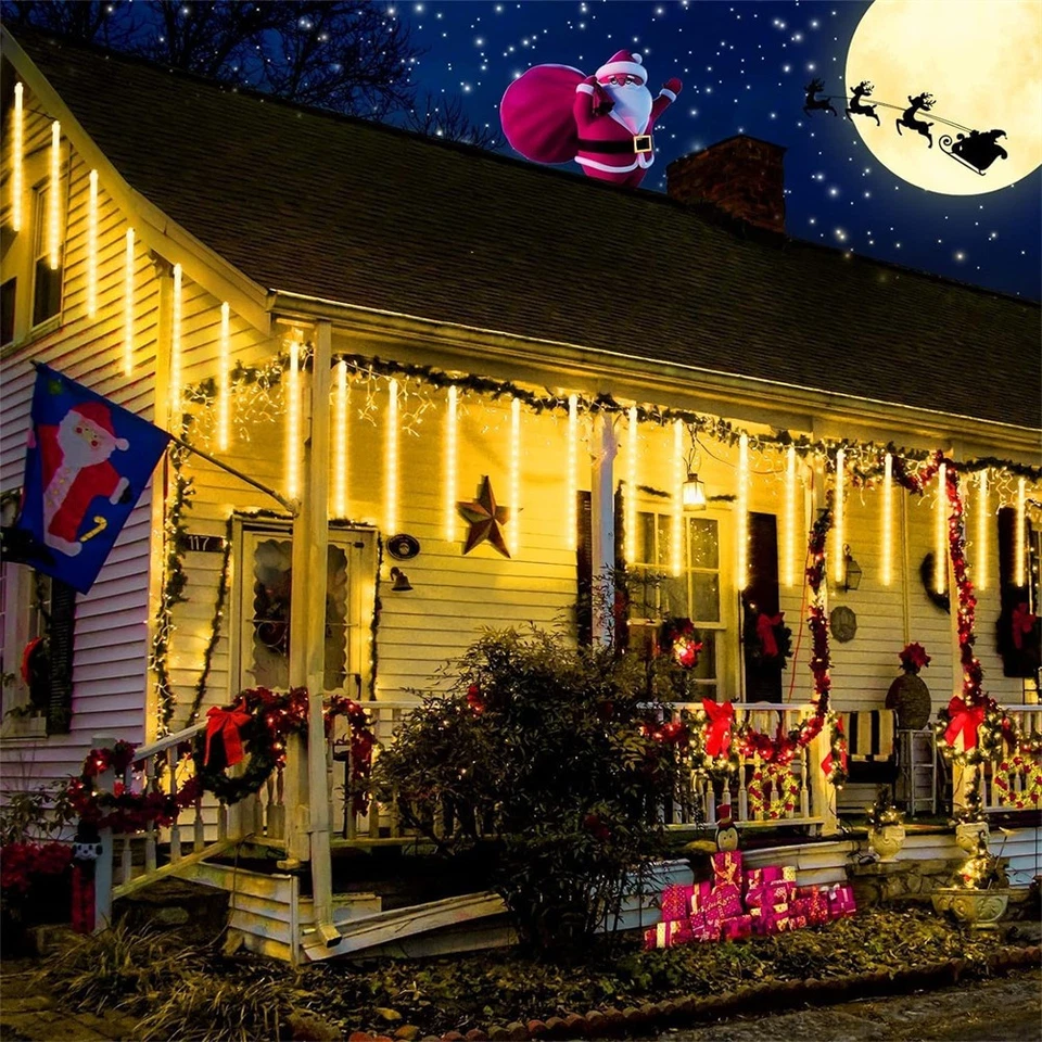 Luces solares de lluvia de meteoros luces de Navidad al aire libre, 16 pulgadas 16 tubos 576 Leds Foto 3 de 4