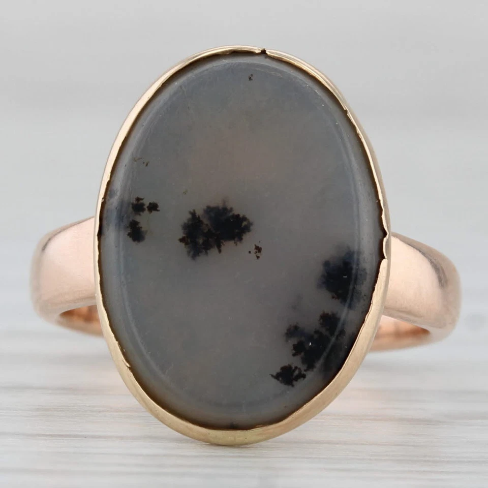 Anillo de ágata ovalada dendrítica vintage de oro amarillo de 10 k talla 6,5 Foto 2 de 4
