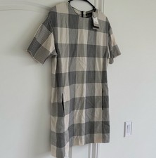 Zara Black Beige Plaid Organic Cotton Shift Dress Short Sleeve Knee Length S