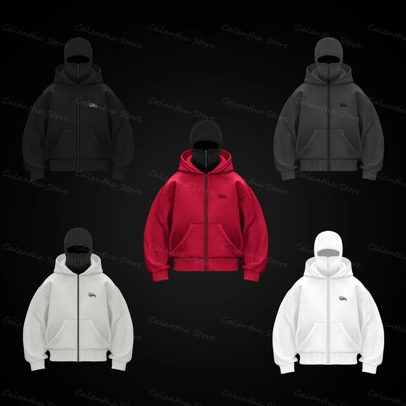 New Men Balaclava Zip Hoodie Winter Warm Casual Sweatshirt with