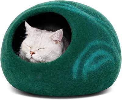 MEOWFIA Katzenhöhle Bett smaragdgrün groß 100% Merinowolle Filz Handarbeit Indoor