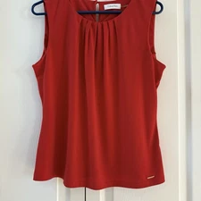 Calvin Klein Womens Large Work Blouse Sleeveless Red Pleated