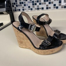 Stuart Weitzman Twofer Gem Black Patent Cork Wedge Platform Sandal Shoes SZ 6.5