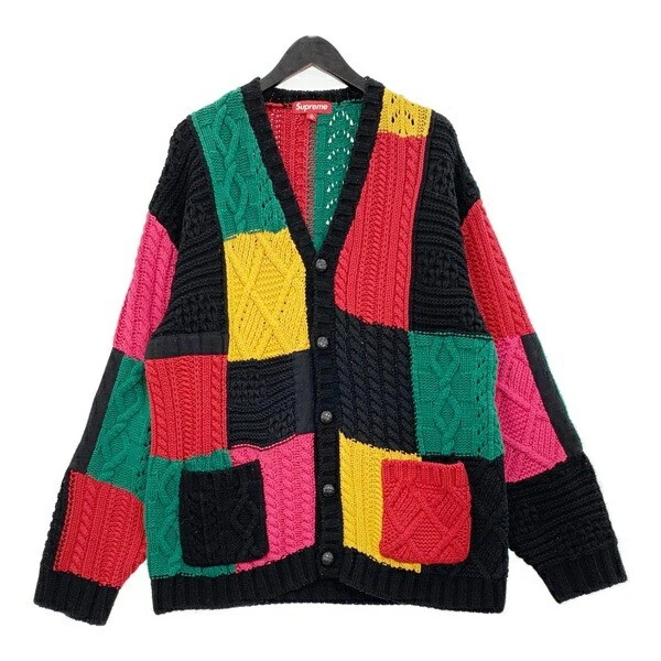 Cardigan Supreme 23AW Color Block tricot câble col V coton homme L