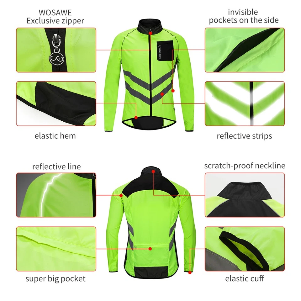 WOSAWE Men Windproof Cycling Jacket Reflective MTB Riding Sports Jersey Vest Top - Image 3 of 4