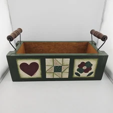 Vtg Wooden Sewing Box Caddy Green Hand Painted Quilt Signed Farmhouse 12"