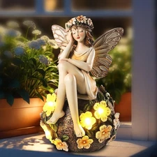 Solar Fairy Statue Sitting on The Flower Ball Light 6.8" Angel Statues for Garde