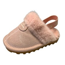 BearPaw Size 4C Leather Slide Toddler Pink Shimmer Faux Fur Lining Slingback