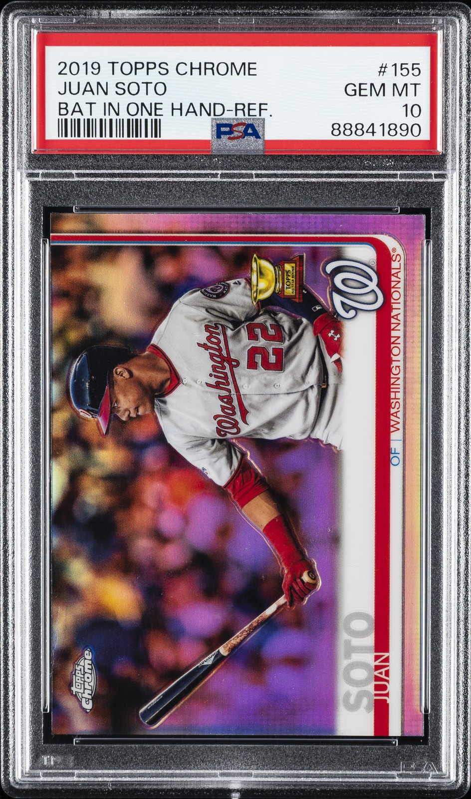 2019 TOPPS CHROME BAT IN ONE HAND-REFRACTOR #155 JUAN SOTO PSA 10