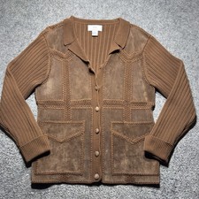 Vtg 70 Brown Colored Suede Knit Cardigan Patchwork Sweater Jacket Women Sz M