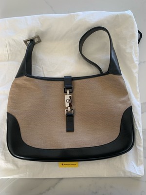 Vintage GUCCI Jackie 1961 Beige/Black Canvas Leather Shoulder Handbag