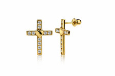 14K Yellow or White Gold Heart CZ Cross Earrings