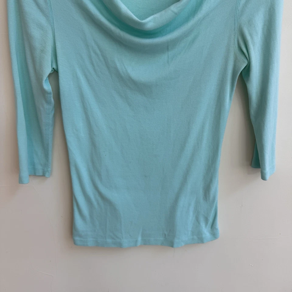 Pullover tejido manga 3/4 cuello drapeado azul claro tres puntos para mujer talla XS Foto 4 de 4