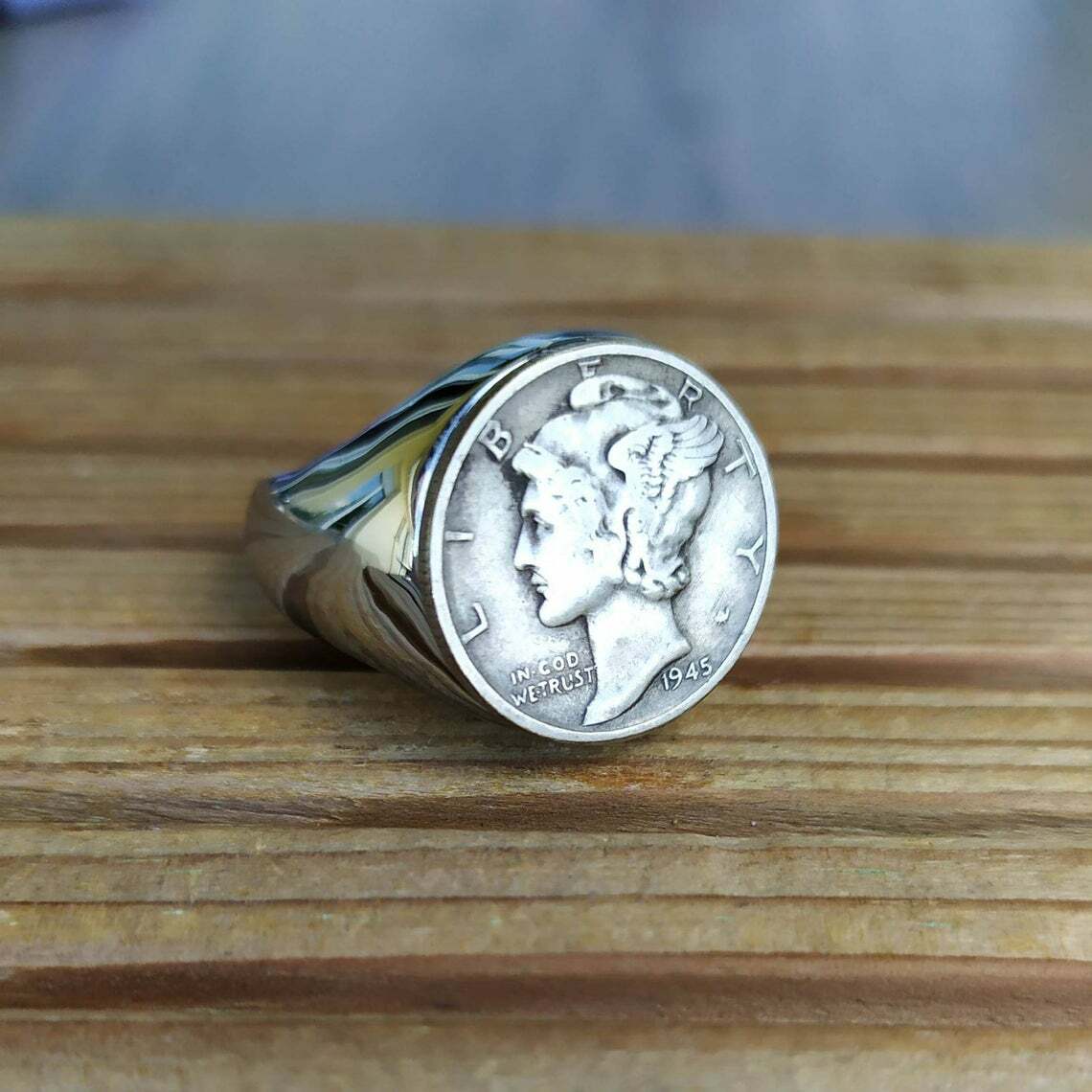 Bague chevalière en argent One Dime Mercury pour homme au style vintage chic