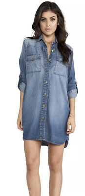 Current/Elliott The Lily Dress in Stockyard Denim Button Front Roll Tab Sleeve 1