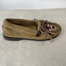 Minnetonka Thunderbird Moccasins Kids Suede Leather Glass Beaded Brown Size 7