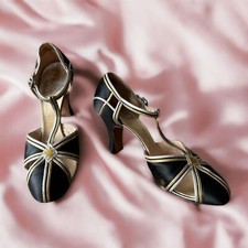 Vintage 30s Saks-Fifth Avenue/Fenton Footwear Black Satin/Metallic T-Strap Pumps