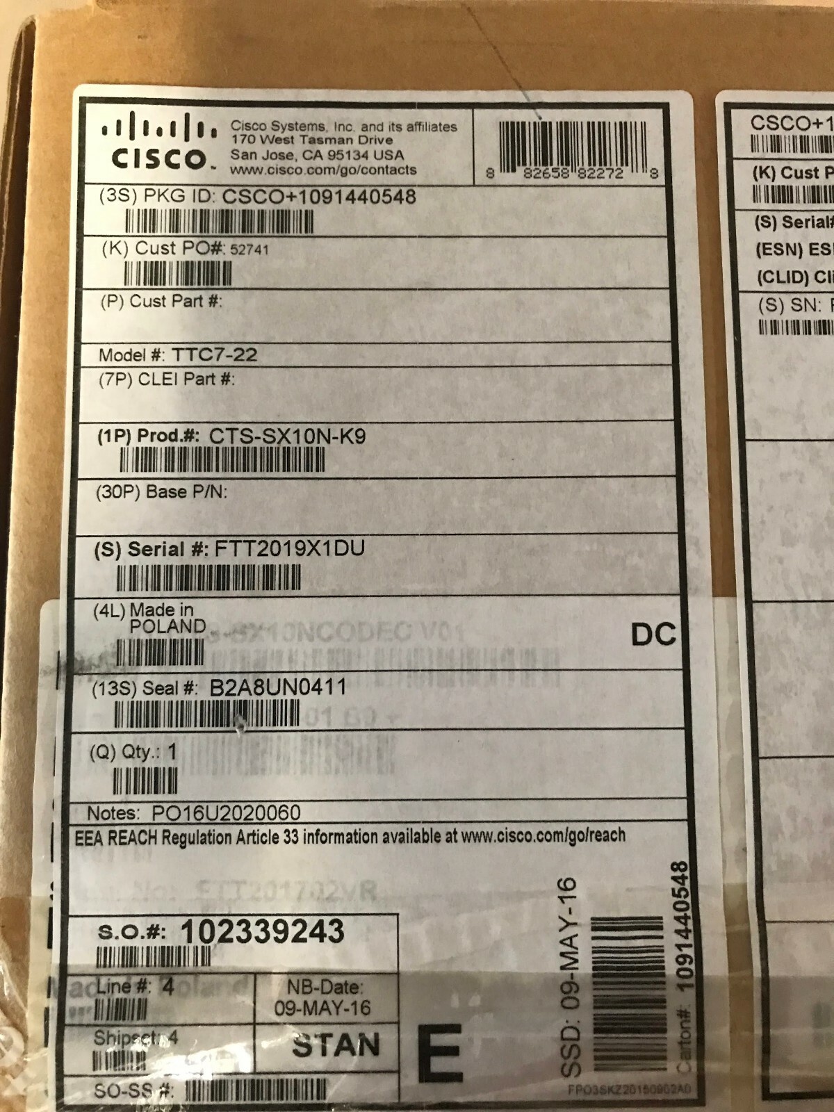 Cisco CTS-SX10-K9 TelePresence SX10 TTC7-22 codec/camera with power supply