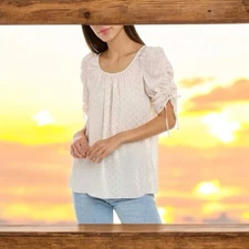 Max Studio Champagne Colored Polka Dot Blouse - Women’s size L - Large 