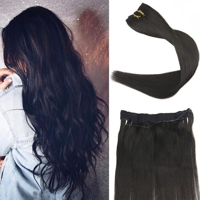 Full Shine Width Fish Line Hair Extensions Halo Real Off Black 1b