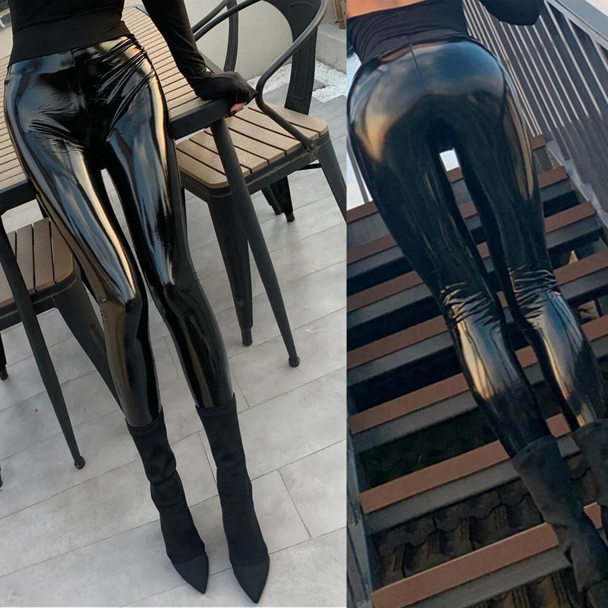 Womens Patent Leather Pants Black Skinny Trousers Dance Shiny