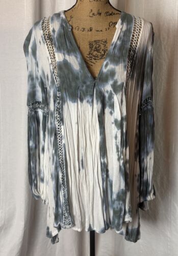 Free People Just The Two Of Us Tunic Mini Dress Blue White Tie Dye Gauze Sz XS