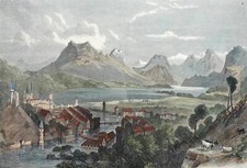 LUZERN - Stadtansicht - Vierwaldstättersee - kolorierter Holzstich 1869