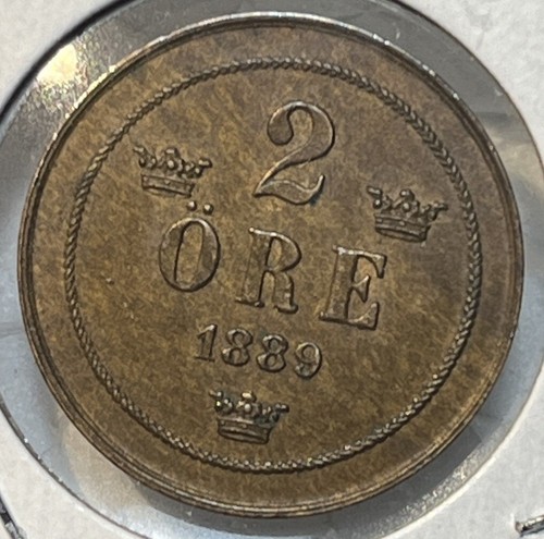 Sweden 1889 Two 2 Ore Almost Uncirculated AU Condition Coin Only 589,000 Minted - Picture 11 of 12