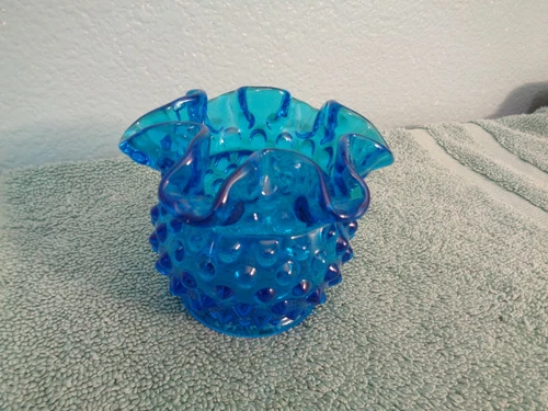 FENTON RUFFLED HOBNAIL COLBALT BLUE SQUAT 3" VASE EXCELLENT