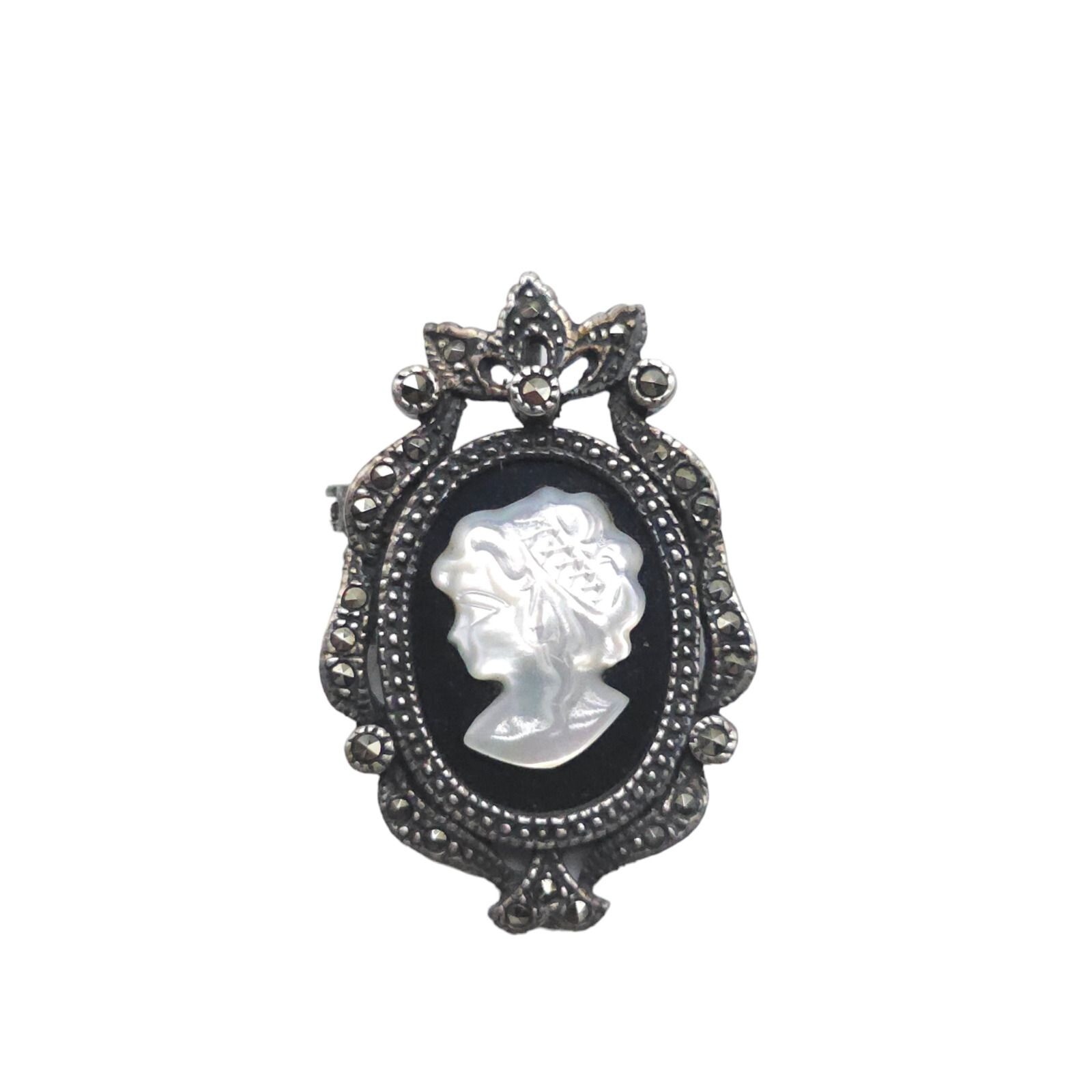 925 Sterling Silver Black Onyx Mother of Pearl Cameo Brooch Pin VTG
