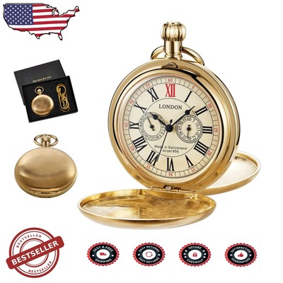 Stylish Gold Mechanical Pocket Watch for Men - Perfect Gift with Chain & Box