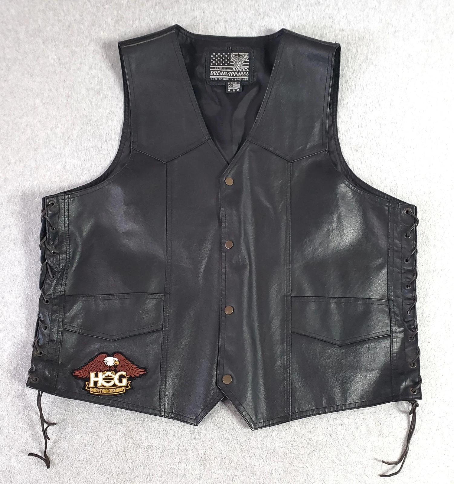 Bikers Dream Apparel Vest Mens XL Black Leather HOG Harley Patch Side Lace