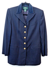 Vintage Ralph Lauren Blazer Sz 10 Navy Blue Velvet Collar Gold Buttons 100 Wool