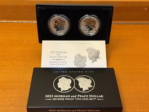 2023 US Mint Morgan & Peace Silver Dollar Two Coin Reverse Proof Set Box & COA