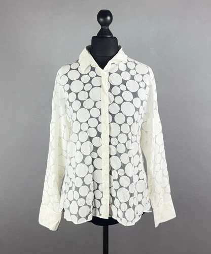 AKRIS PUNTO White Sheer Polka Dot Designer Button Blouse Shirt Size US 8 / IT 44