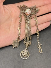 Vintage Victorian Revival Chatelaine Dangle Pendant Cameo Brooch Pin  4”