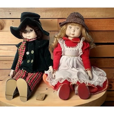 Vintage Pair 17  Porcelain Face Cloth Dolls Boy Girl Lace Dress Plaid Outfit
