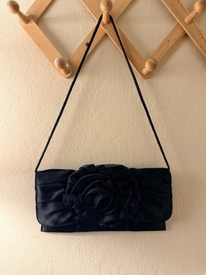 Jessica McClintock Rosette Black Satin Clutch