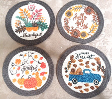 4 VTG Fall Autumn Harvest, Thankful, Hello 9" Round Braided Weave Jute Trivets