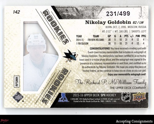 2015-16 SPx #142 Nikolay Goldobin 231/499 ROOKIE JERSEY RELIC AUTO RC SHARKS - Picture 2 of 2