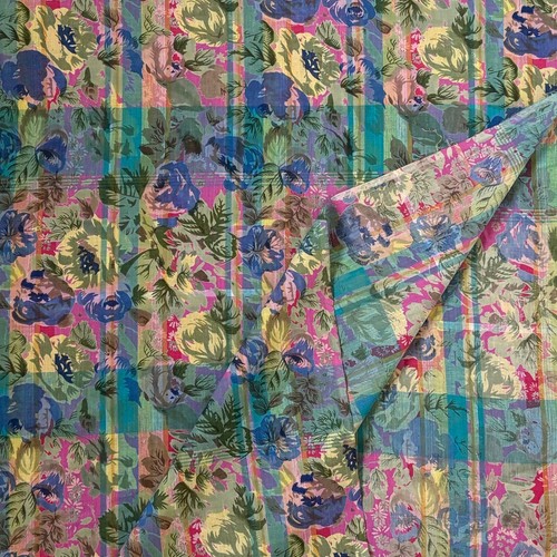Cool Cotton Dress Fabric Floral Overprint Check Quality Blue Pink PER 1/2 Metre - Picture 3 of 4