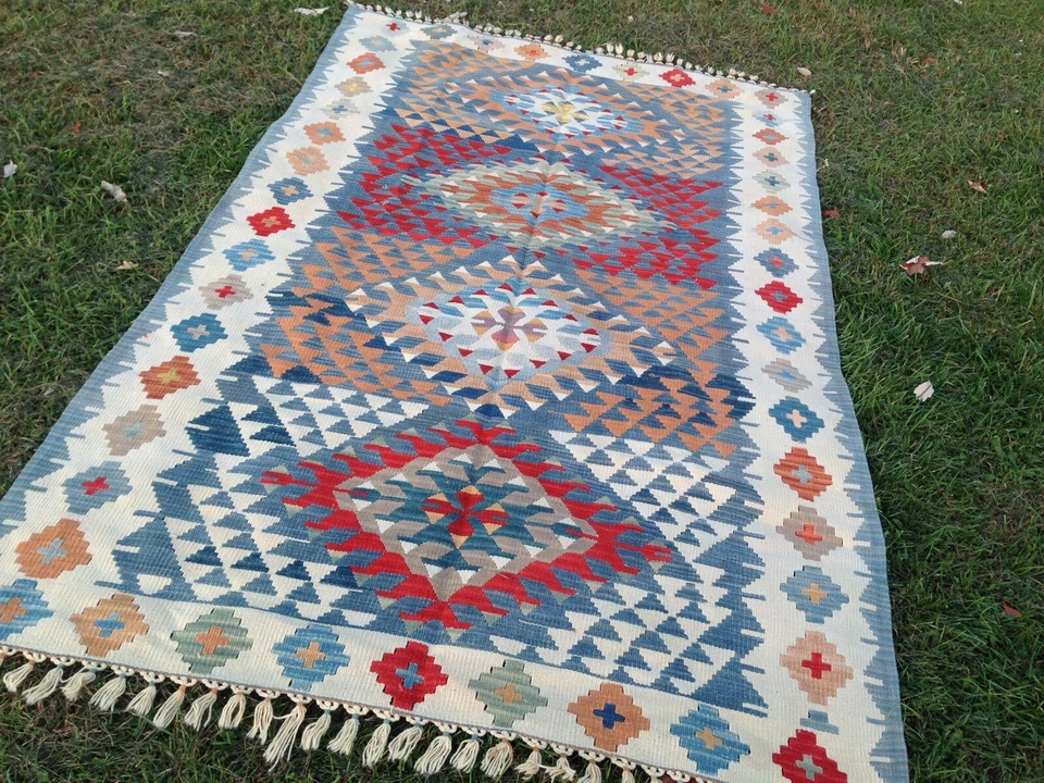 Auténtica alfombra Kilim de lana turca vintage anudada a mano 7,1 pies x 4,9 pies  Foto 4 de 4