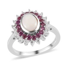 Australian White Opal Multigem Double Halo Ring Platinum Plated 1.75ctw Size 7