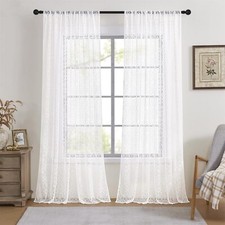Floral Lace Sheer Curtains, Boho Vintage Textured Rod Pocket Drapes, 2 Panels
