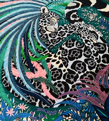 Hermes Shawl Jaguar Quetzal 140 cm Cashmere Silk Scarf Blue