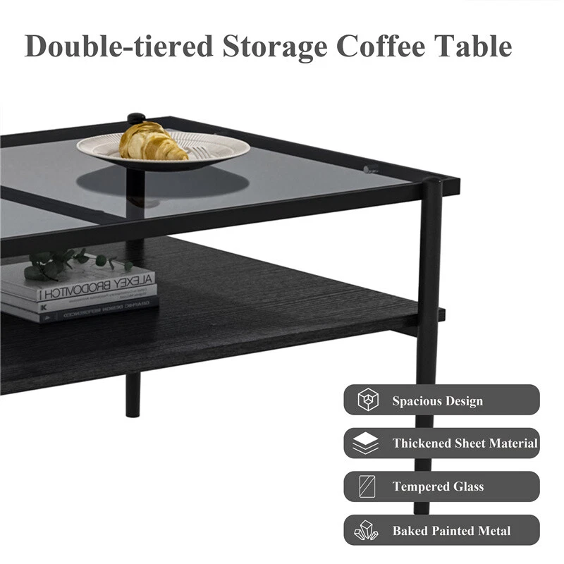 Rectangle Coffee Table with Gray Tempered Glass top and Metal Legs, Modern Table - Image 3 of 4