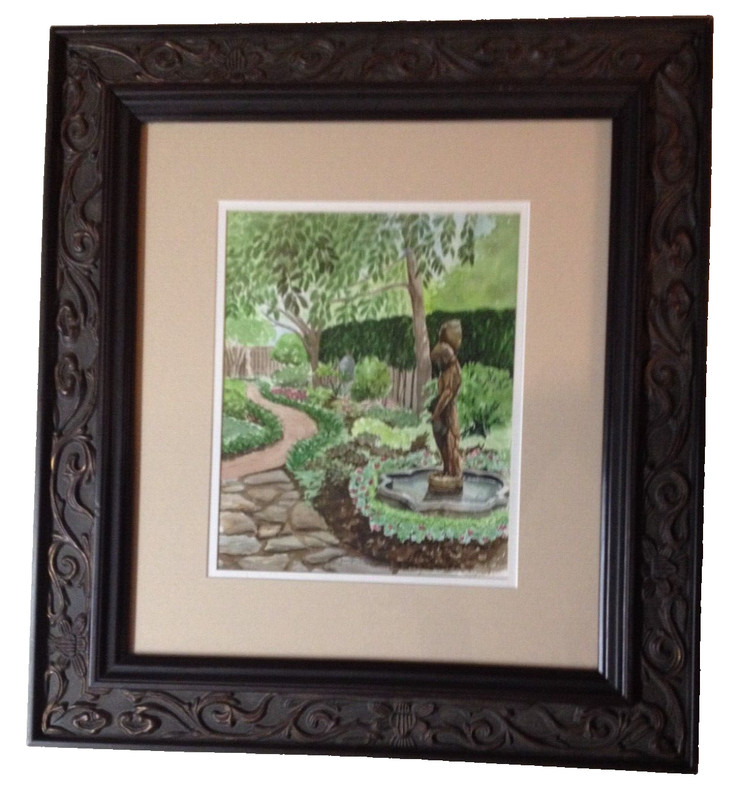 Original Watercolor Painting Garden Statue Flowers Path Framed SIGNED JS Conn