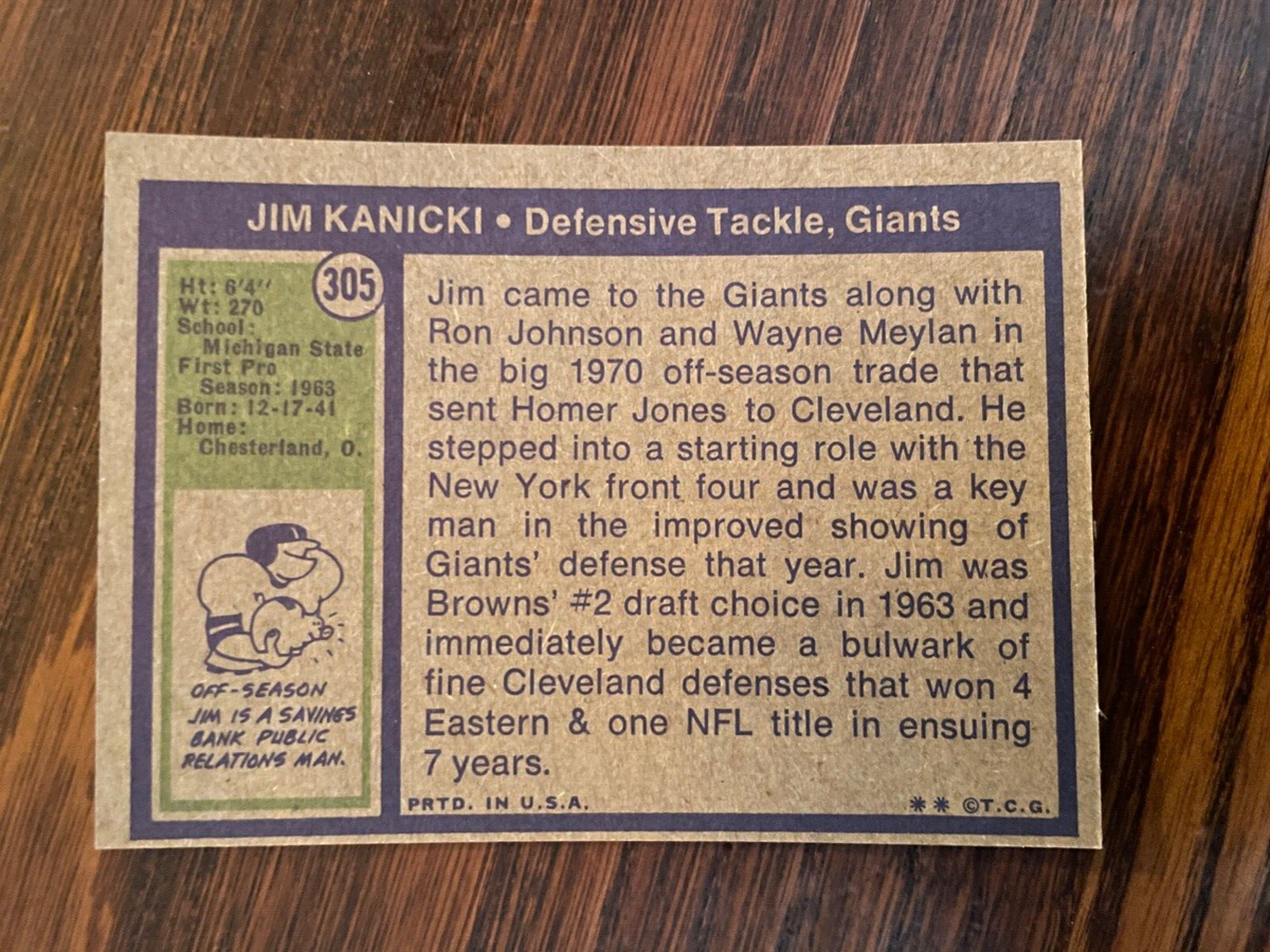 1972 TOPPS #305 JIM KANICKI NEW YORK GIANTS FOOTBALL CARD RARE HI