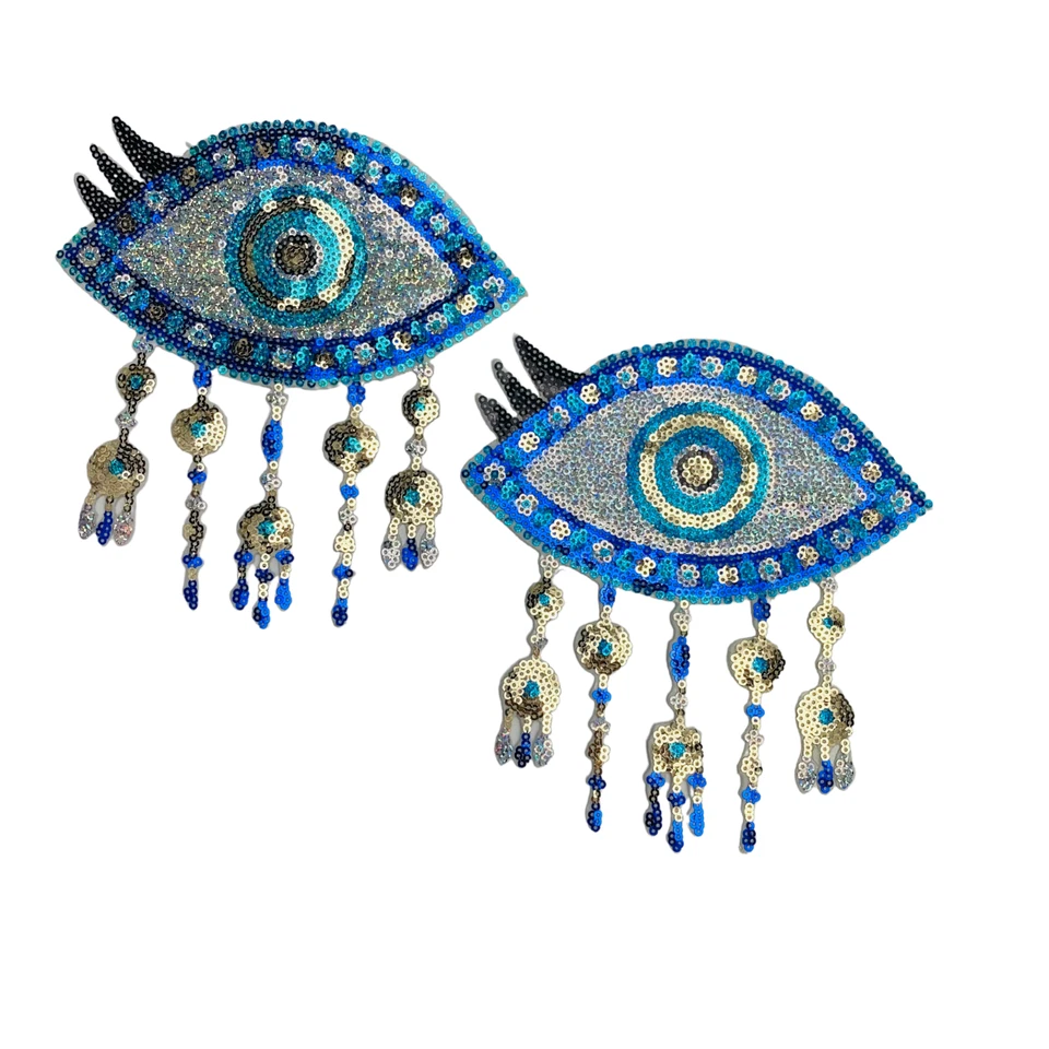 Evil Eye Sequin Patch Blue Gold Turquoise IRON-ON Applique Swinging Ornaments - Image 2 of 2